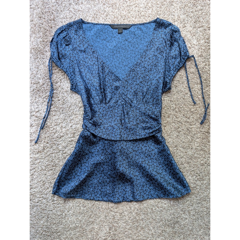 Express Design Studio Babydoll Blouse Women M Blue Y2K Silk Floral Whimsigoth